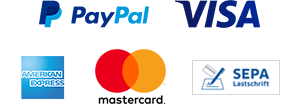 Zahlungsmethoden: PayPal, Visa, American Express, Mastercard, SEPA Lastschrift