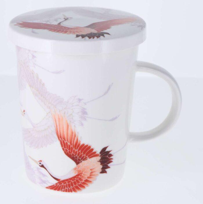Porzellan Deckelbecher "Kranich" 300ml mit Porzellansieb